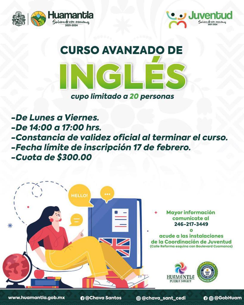 Invita Coordinación de Juventud de Huamantla a participar en Curso de Inglés Avanzado